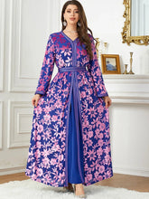 Fashion Autumn Winter Printing Velvet Evening Party Set With Sashes Jalabiyat Dubai Moroccan Long Sleeve V-Neck Gown Purple Dress